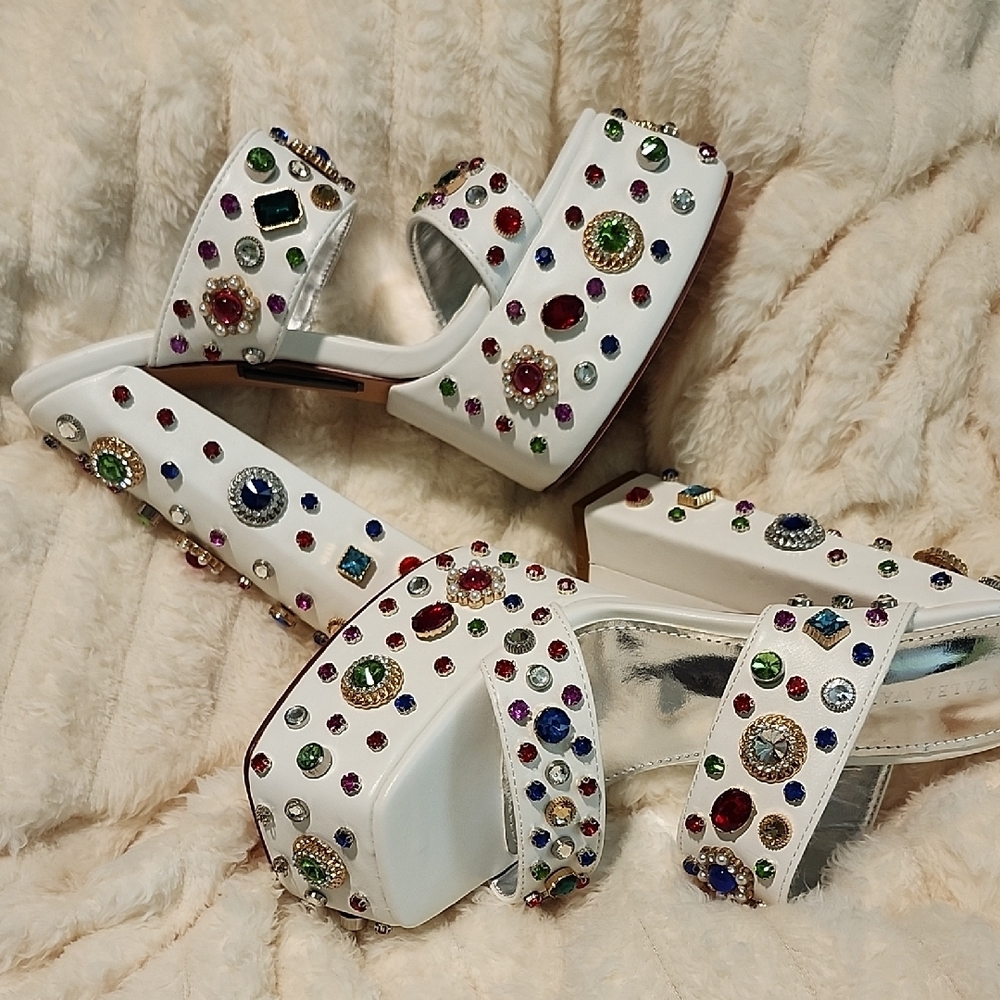 Women's White Gemstone Embellished Platform Heels
